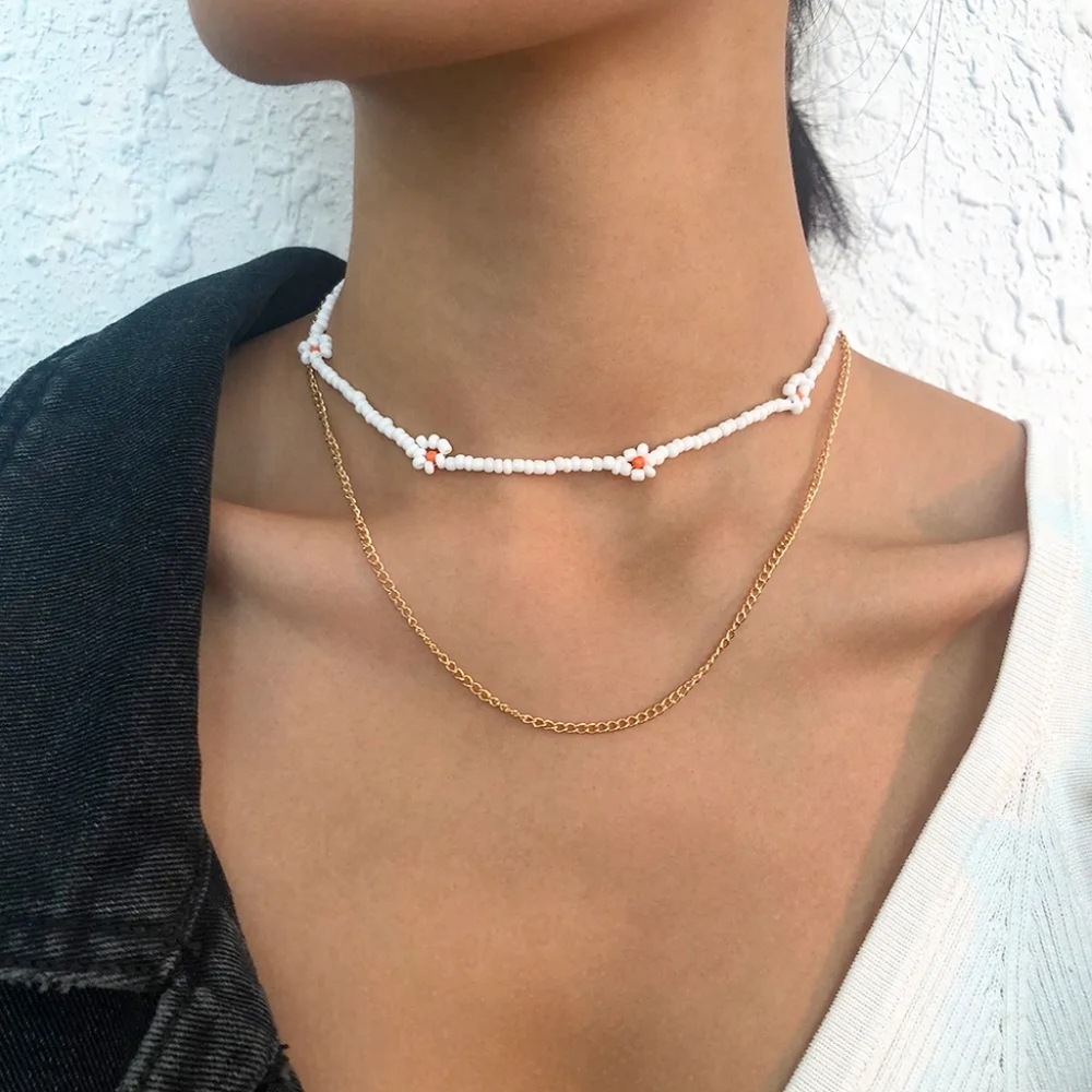 3 Pack Multilayer Rice Bead Flower Necklace